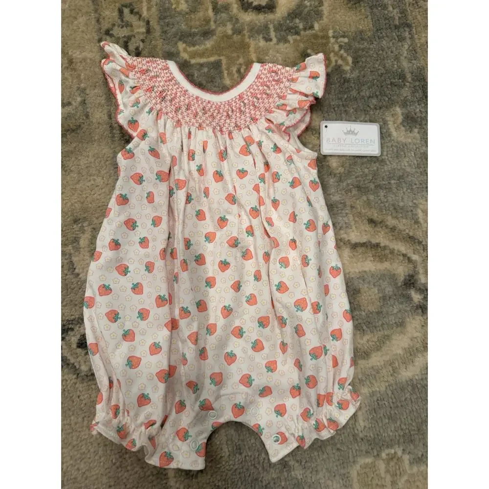 Baby Loren Sz 3-6 Baby Girl Smocked Strawberry Bubble 100% Pima Cotton NWT - Picture 7 of 12
